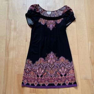 Eci brand; Black Short Sleeve Dress with Pink & Purple Paisley Border